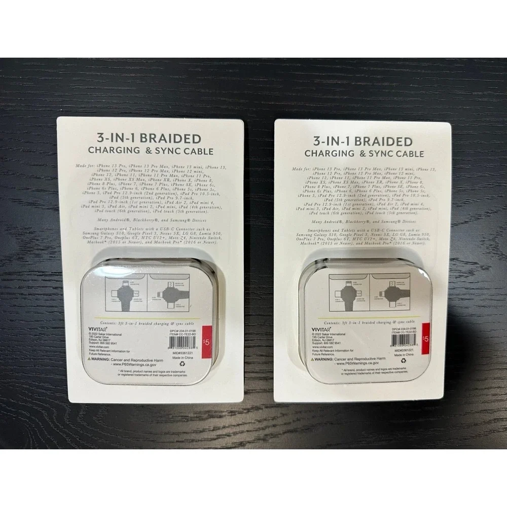 (2) Vivitar 3-in-1 Braided Phone Charging & Sync Cable‎ NEW